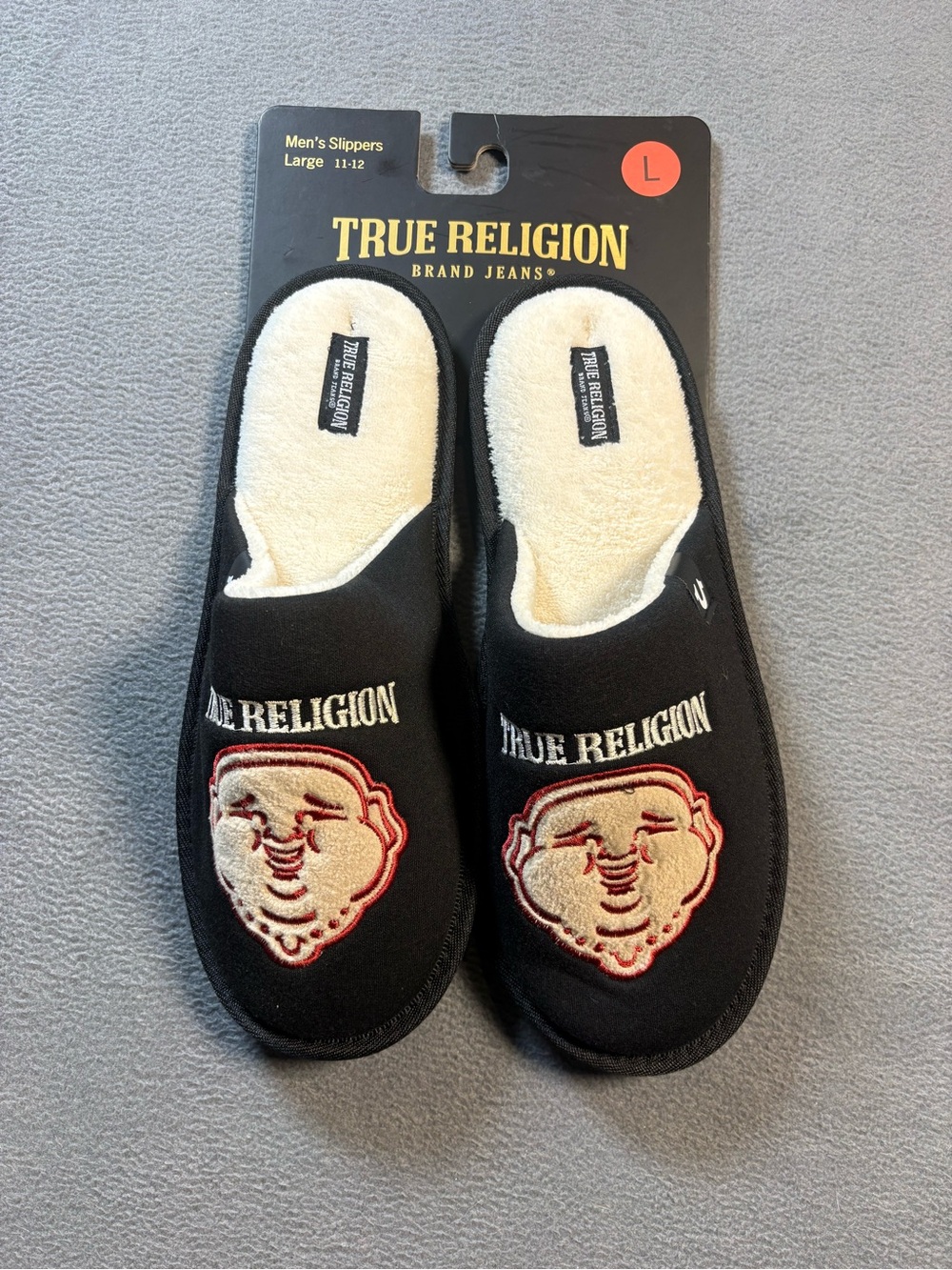 True Religion Black and Cream Men's Logo Slippers